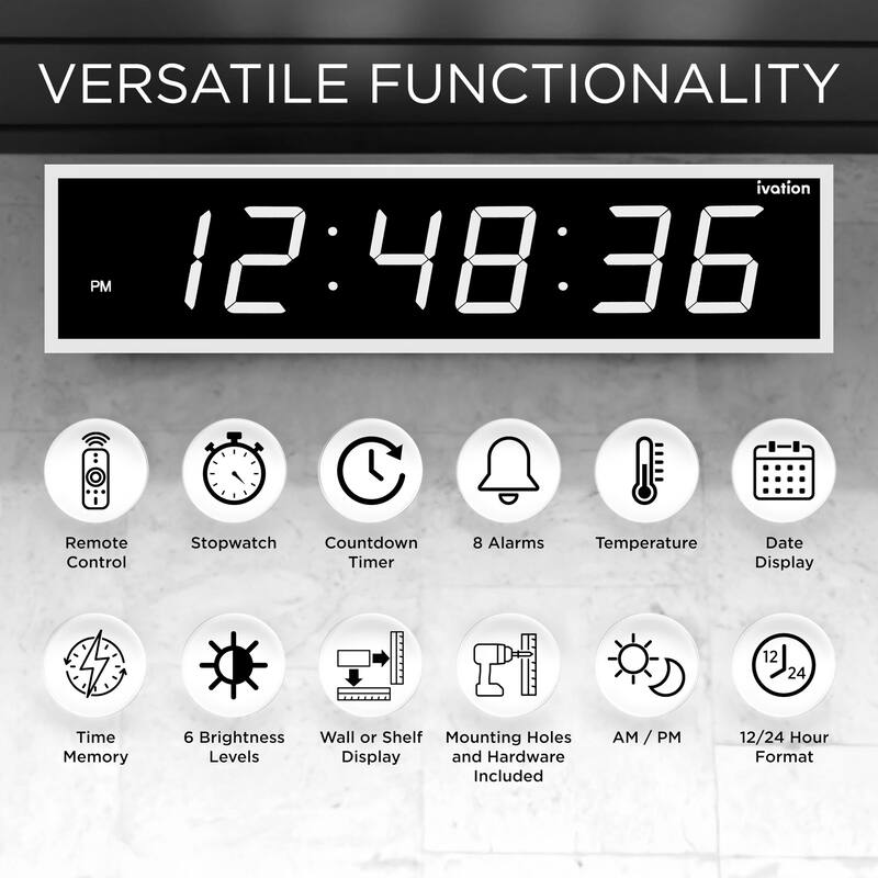 Ivation Large Digital Clock, 60" Led Wall Clock with Stopwatch, Alarms, Timer, Temp & Remote - White