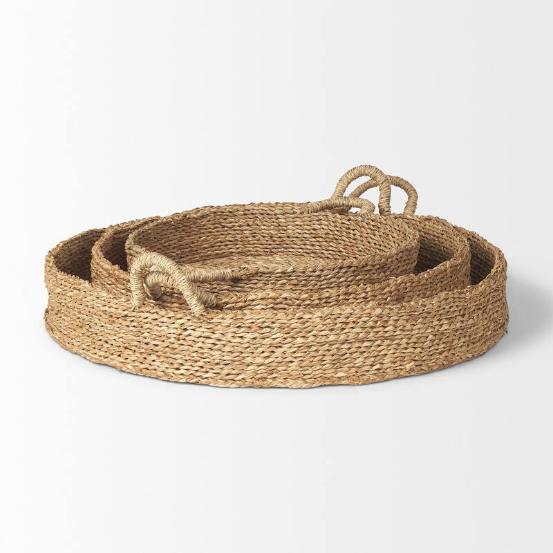 Ulana Brown Seagrass Round Nesting Trays With Handles (Set of 3) - 26.4L x 26.4W x 3.9H