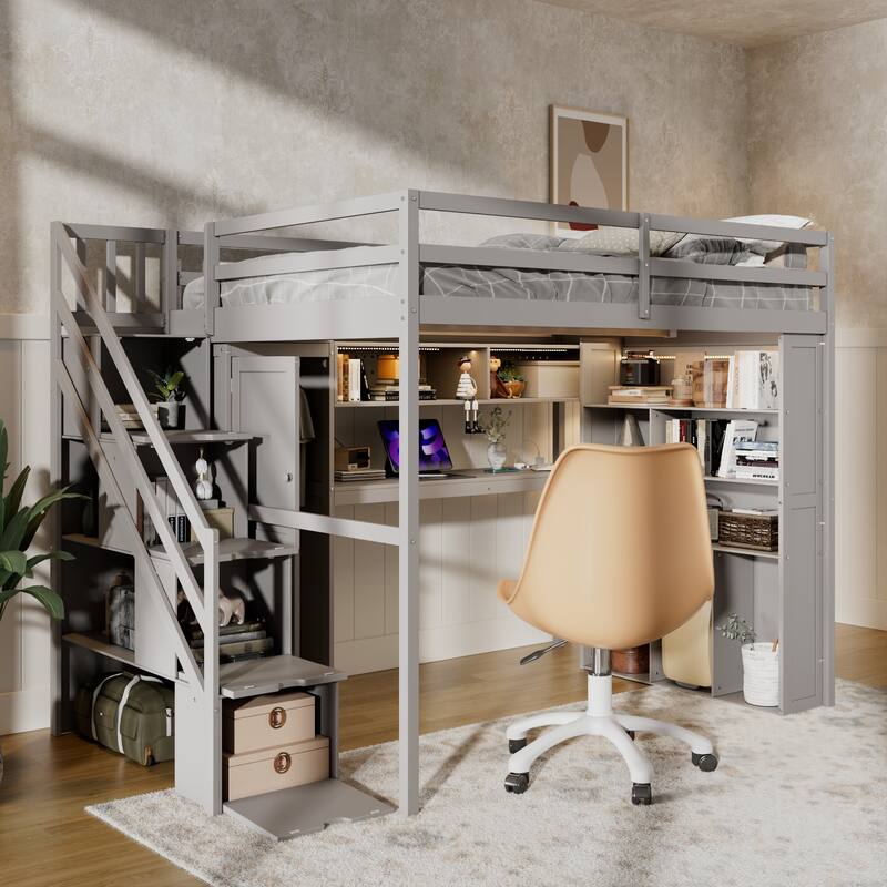 Full Loft Bed with Built-In Wardrobe & Study Desk - Space-Saving Frame with LED Lights & Shelves