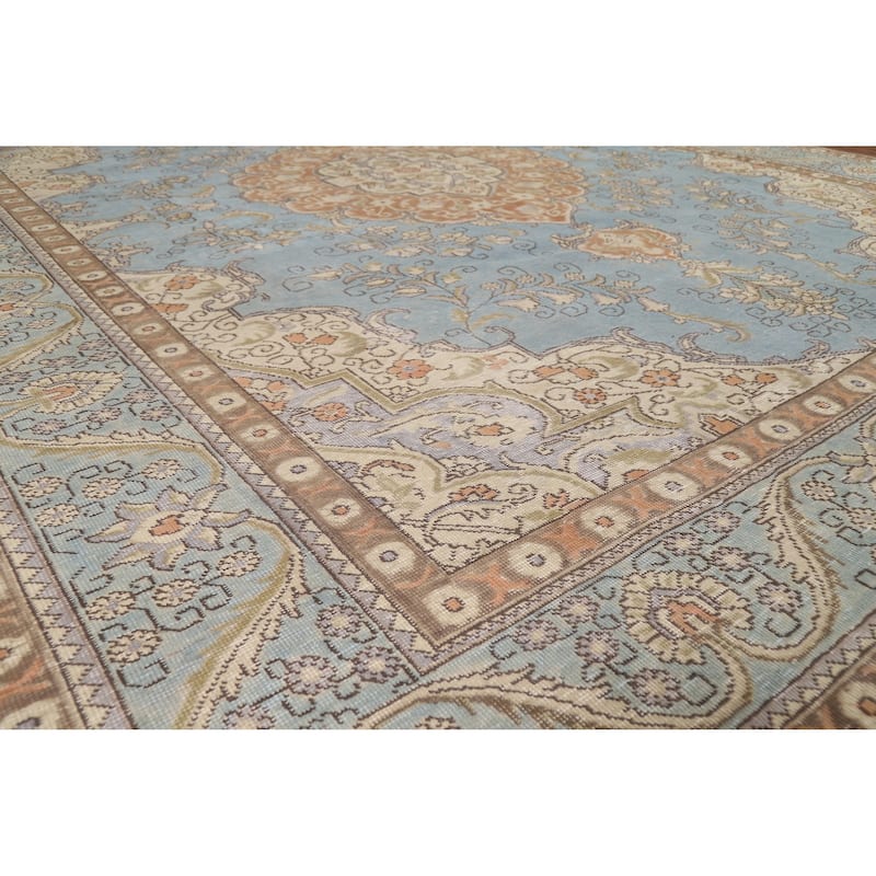 Light Blue Tabriz Persian Vintage Area Rug Handmade Wool Carpet - 9'10" x 12'7"
