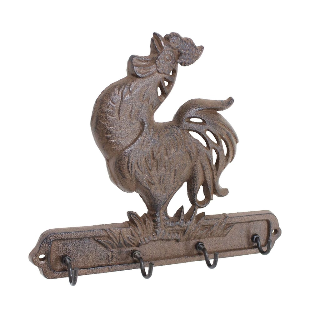 Crowing Rooster Farmhouse Wall Decor Key Hooks Cast Iron Brown