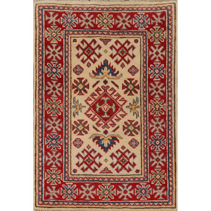 Hand Knotted Oriental 100% Wool Carpet Traditional Geometric Yellow & Gold Kazak Area Rug - 2' 10'' X 2' 1''