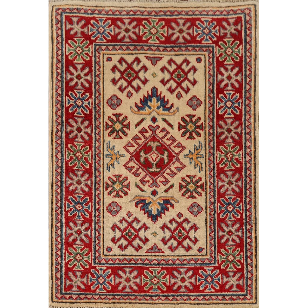 Hand Knotted Oriental 100% Wool Carpet Traditional Geometric Yellow & Gold Kazak Area Rug - 2' 10'' X 2' 1''