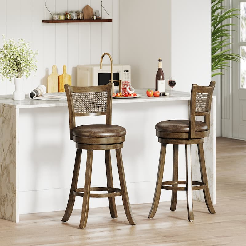 Gymax Set of 2 Bar Stools 30'' Swivel Bar Chairs w/ PE Rattan Backrest