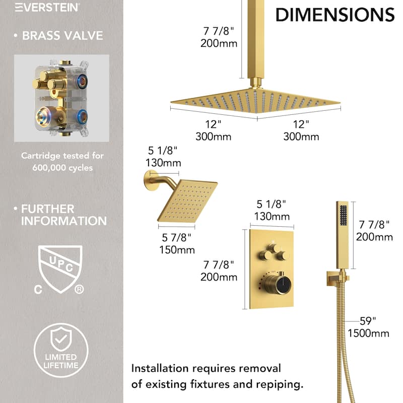 Thermostatic Shower Faucet, 12" High-Pressure Dual Showerheads System with Rough-In Valve