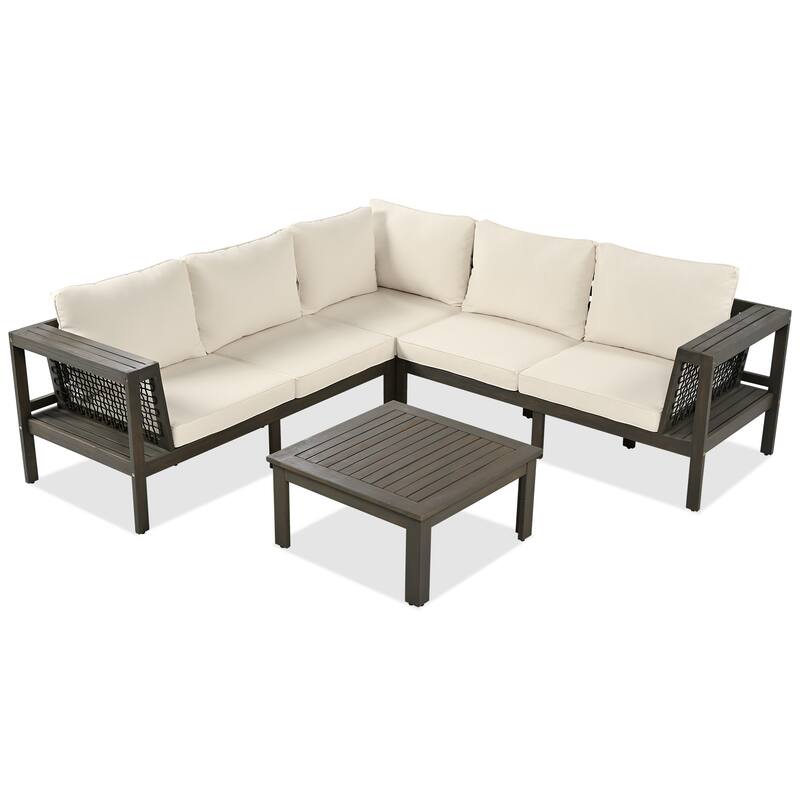 4-Pieces Outdoor L-Shaped Sofa Set with Woven Mesh Armrests & Coffee Table