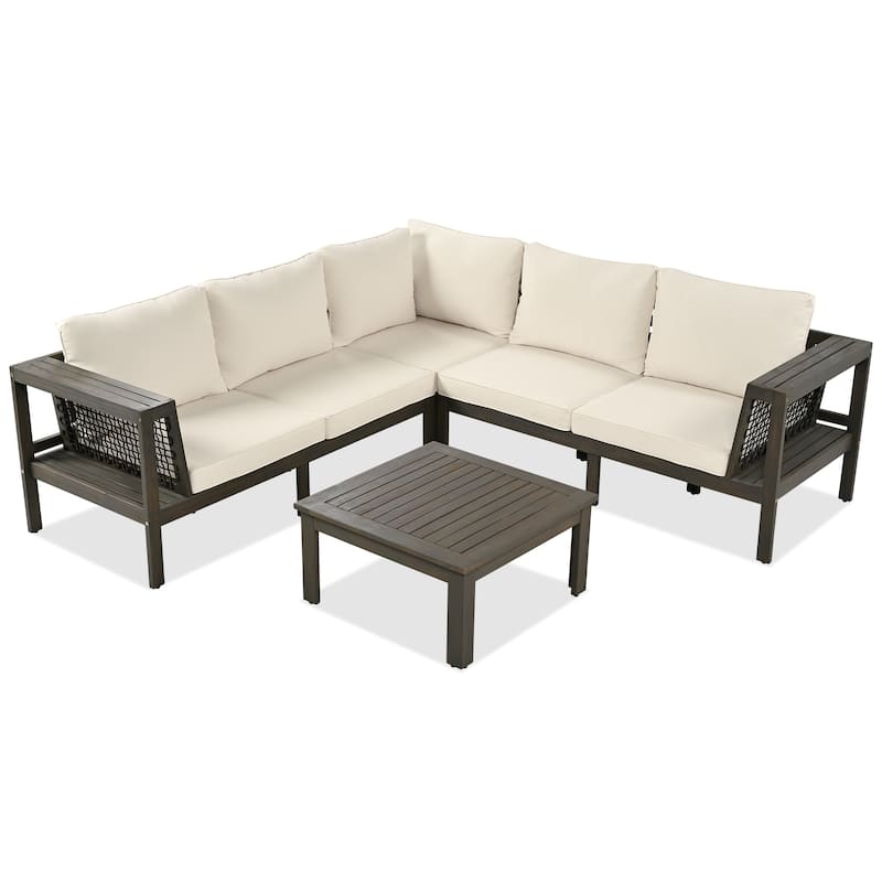 4 Pieces Outdoor Patio Conversation Sofa Set, Acacia Wood L Shaped Sectional Sofa with Coffee Table and Woven Mesh Armrests - Beige,Grayish Brown