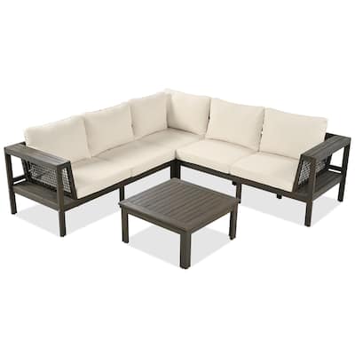 4 Pieces Outdoor Patio Conversation Sofa Set, Acacia Wood L Shaped Sectional Sofa with Coffee Table and Woven Mesh Armrests
