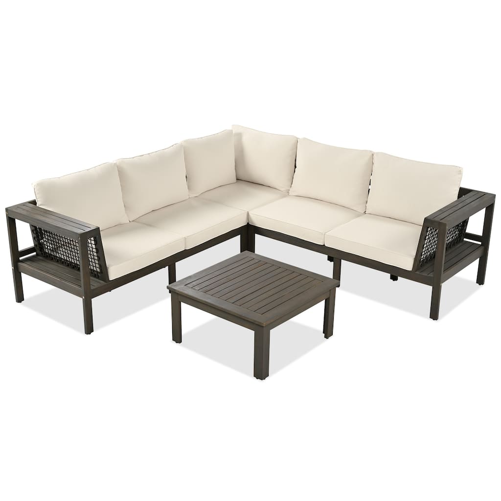 4 Pieces Outdoor Patio Conversation Sofa Set, Acacia Wood L Shaped Sectional Sofa with Coffee Table and Woven Mesh Armrests