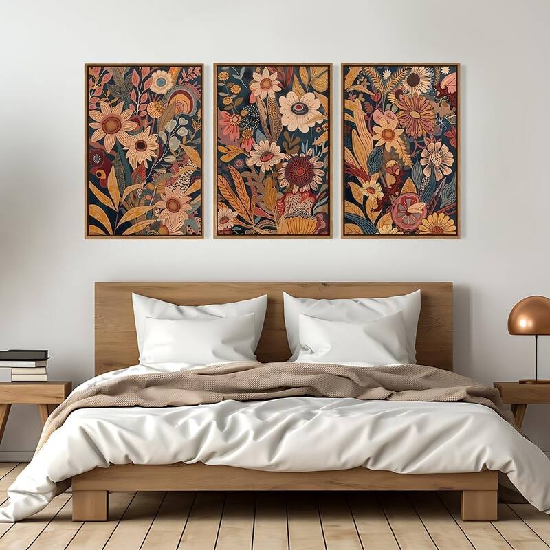 Boho Floral Blossom Framed Canvas Wall Art Set