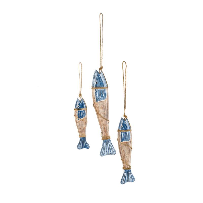 Wood Fish Handmade Home Wall Decor with Wrapped Jute Hanging Rope - Set of 3 Blue - Roche River Decor