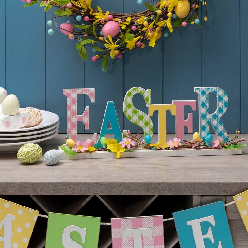 Glitzhome Wooden EASTER HOP Happy Easter with Artificial Rattan Table Sign Decor Centerpiece