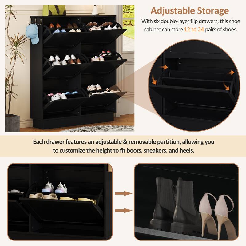 Narrow Flip Drawer Shoe Storage, Space Saving Entryway Organizer with Adjustable Shelf, Free-Standing Shoe Rack with 3 Hooks