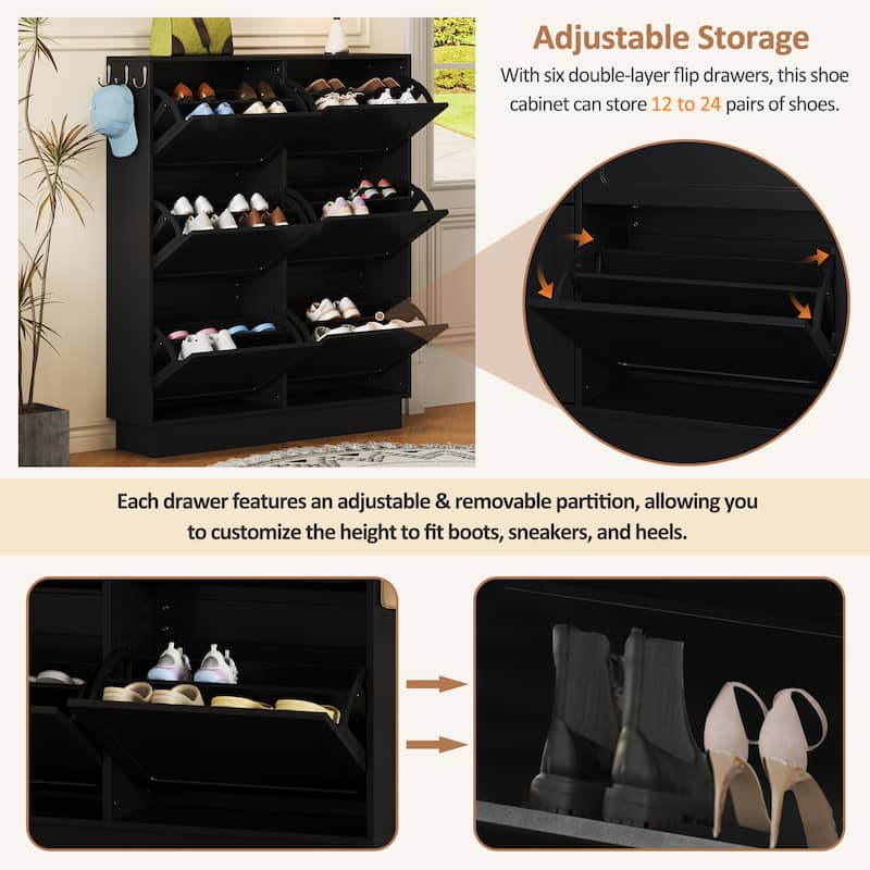 Sleek Cream-Colored Tipping Bucket Shoe Cabinet – Entryway Organizer with 6 Flip Drawers, Adjustable Shelf & 3 Silver Hooks