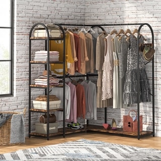 L Shape Clothes Rack, Corner Garment Rack with Storage Shelves and ...