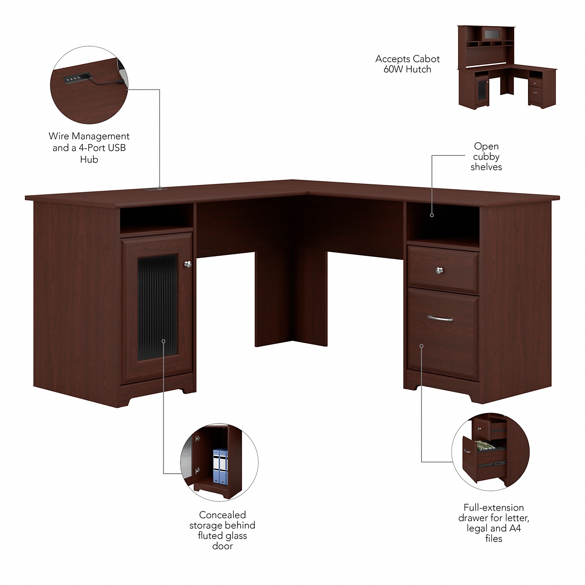 Cabot 60W L Desk with Hutch Cabinet and Bookcase by Bush