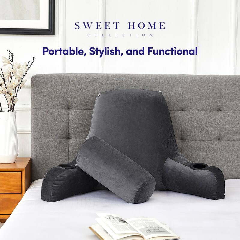 Sweet Home Collection Large Oversized Reading and Bed Rest Pillow with Cup Holders