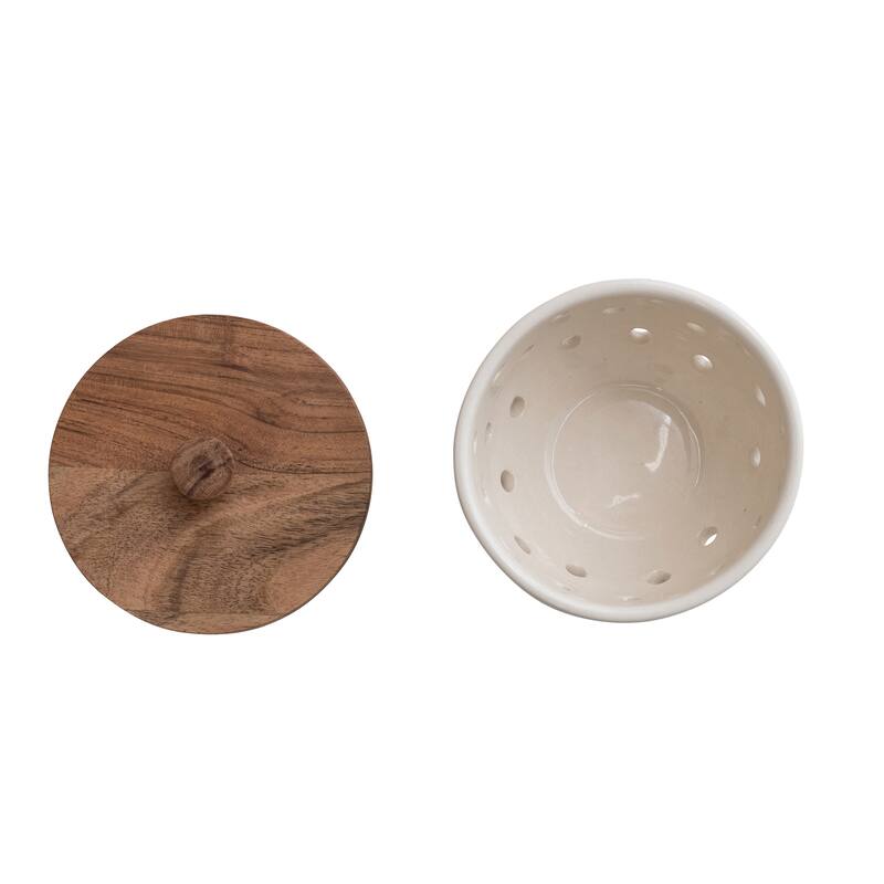 Stoneware Garlic & Onion Keeper with Mango Wood Lid - 5.0"L x 5.0"W x 4.5"H