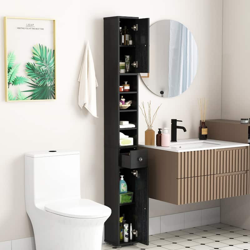 Gymax Tall Slim Bathroom Storage Cabinet Linen Tower w/Drawer