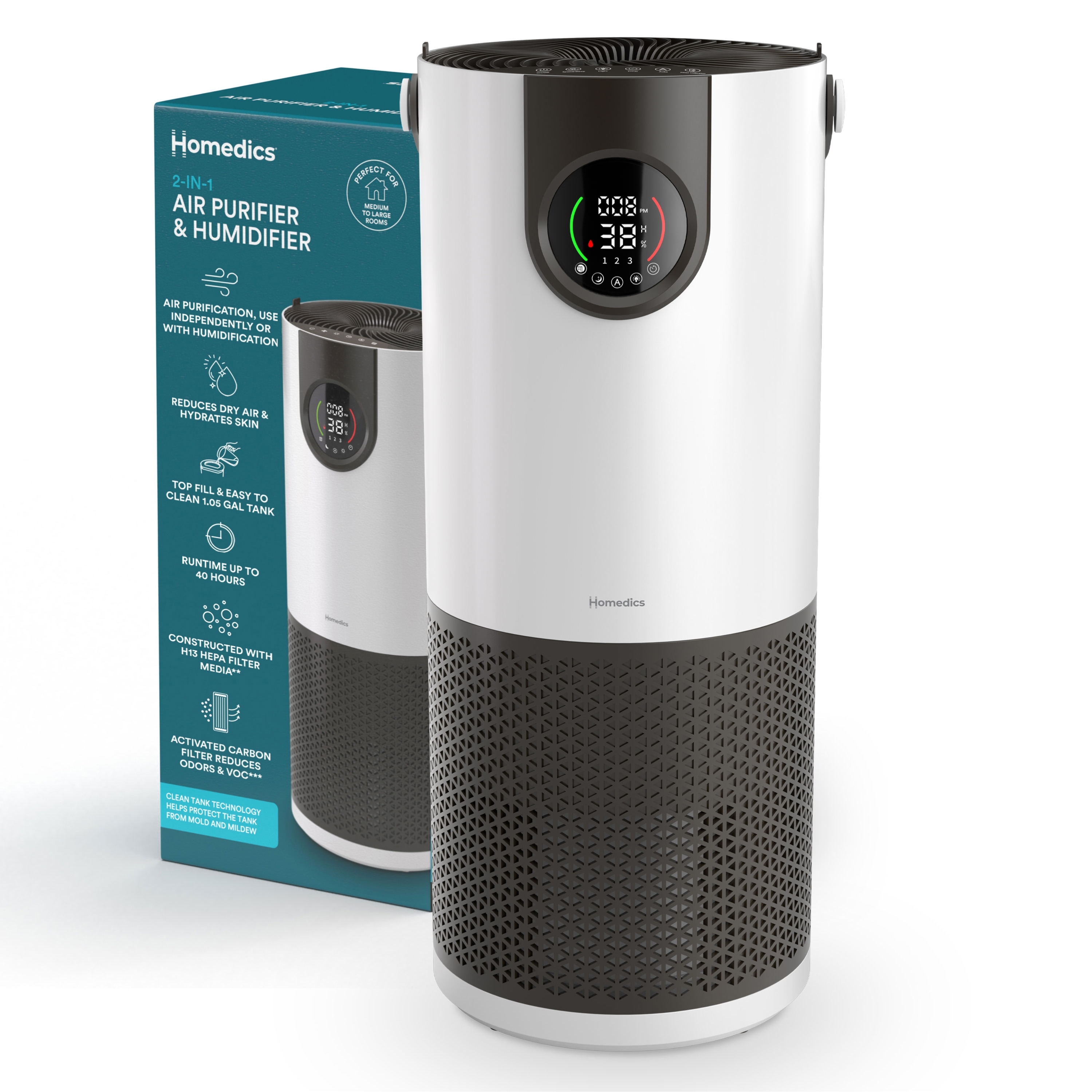 Homedics AP‑H400 2‑in‑1 Cool Mist Humidifier & Air Purifier | Digital Particle Sensor | Covers Up to 416 sq ft | White