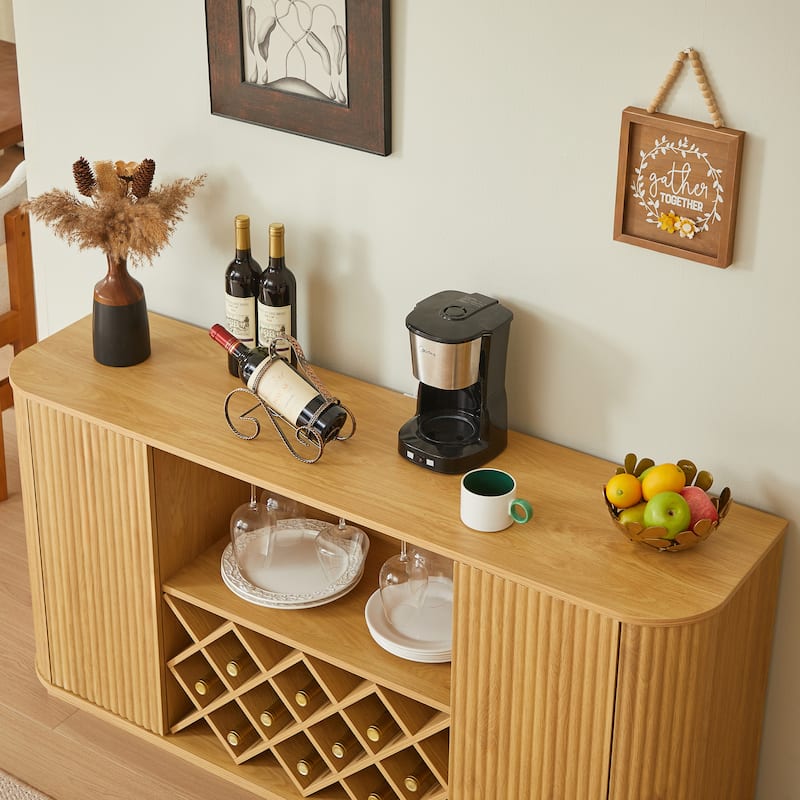 58" Wavy Curve Sideboard with Wine Rack & Glassware Holder, Adjustable Shelves, Multifunctional Storage Cabinet