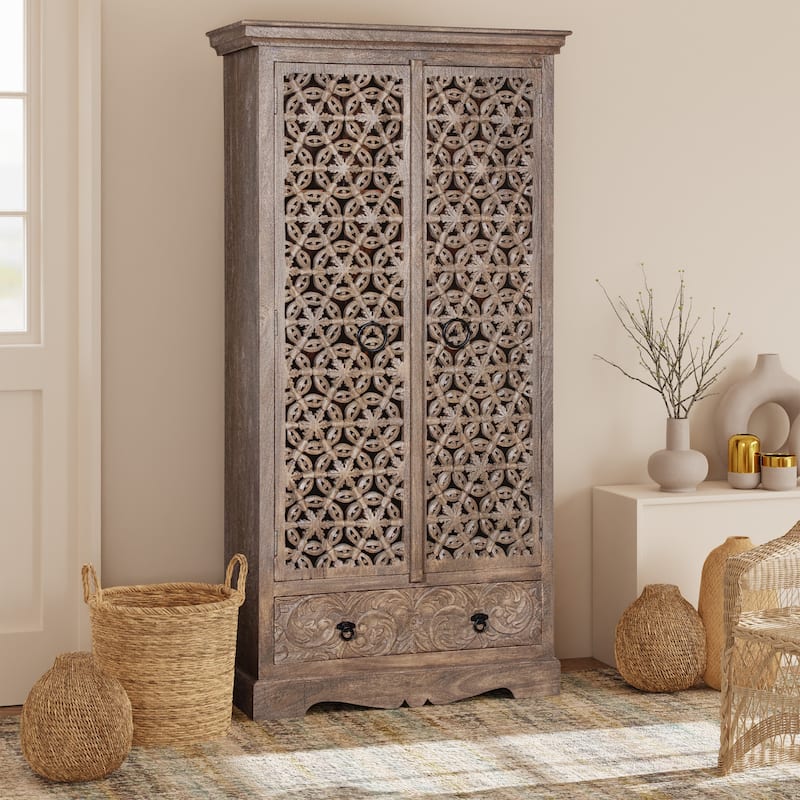 Maadze Mandolin 70.6" High Carved Armoire with Shelves and Drawers - Grey