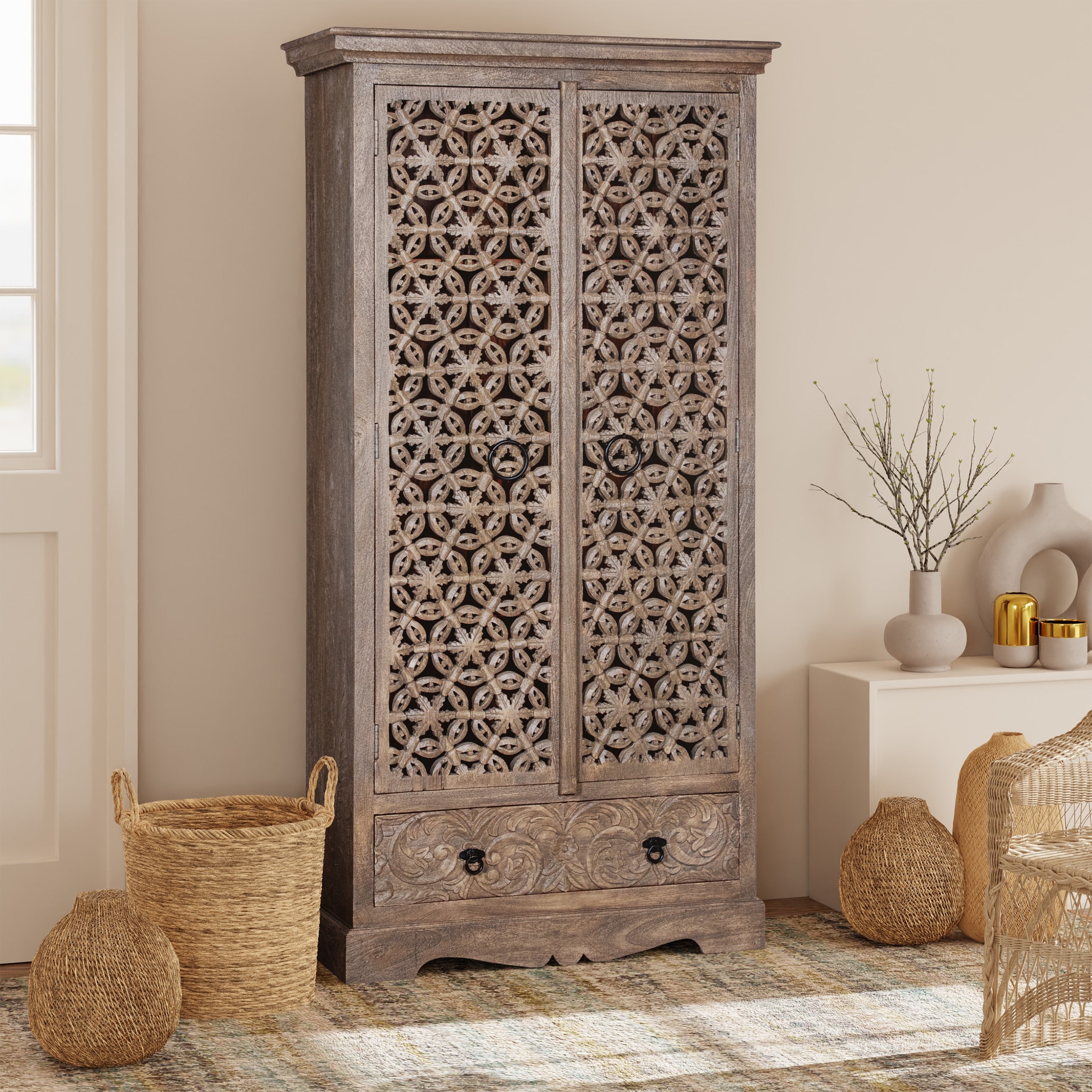 Maadze Mandolin 70.6" High Carved Armoire with Shelves and Drawers