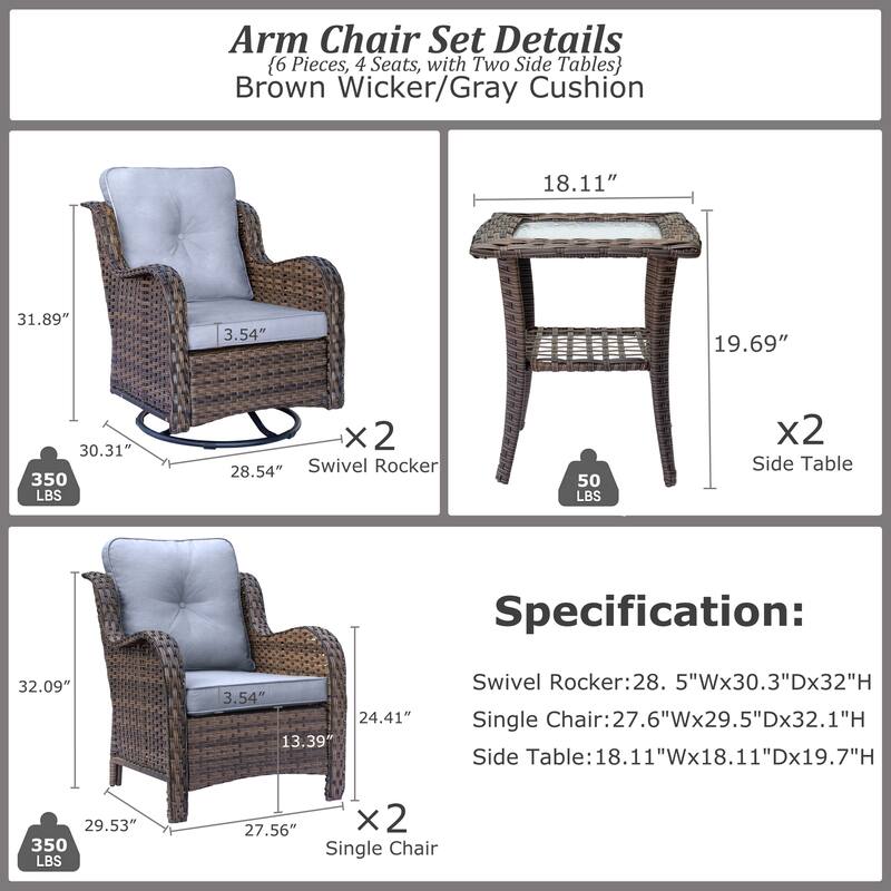 6-piece Outdoor Patio Wicker Swivel Rocker Chairs Set with Side Table