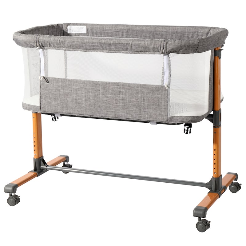 Grey 150D Encrypted Cationic Fabric Portable Baby Cradle with Iron Frame and Wheels - 92 x 55 x 85cm