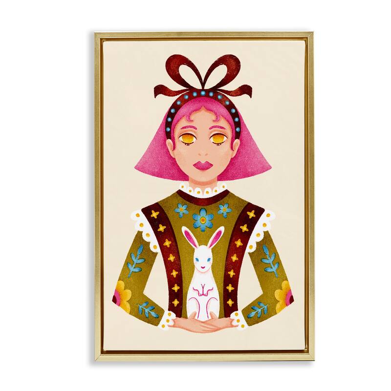 Stupell Pink Haired Girl & Bunny Framed Floater Canvas Wall Art Design By Hannah Moren - 17 x 25 - Gold