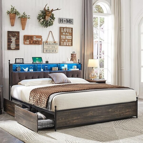 King Size Bed Frame with LED Lights Charging Station and 4 Drawers On Sale Bed Bath Beyond 40835297