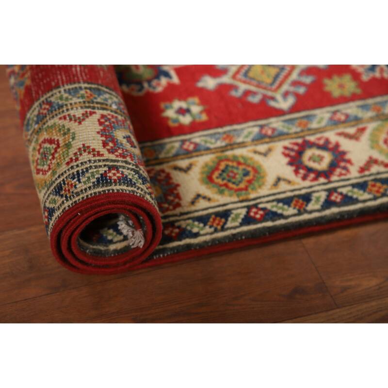 Red Kazak Foyer Rug Traditional Handmade Geometric Wool Carpet - 2'8"x 3'11"
