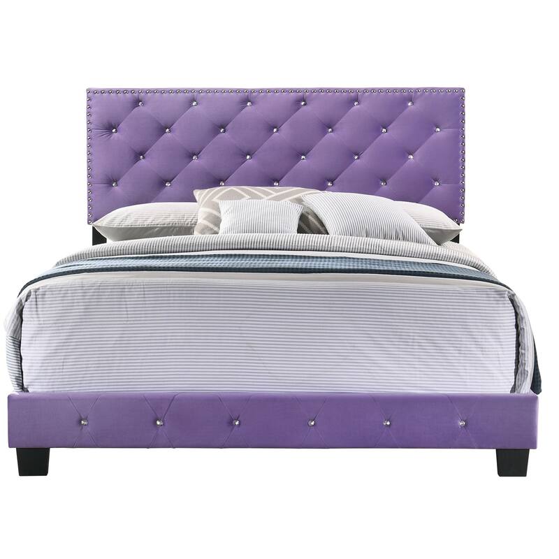 Suffolk Velvet Upholstered Jewel Accent Tufted Nailhead Panel Bed