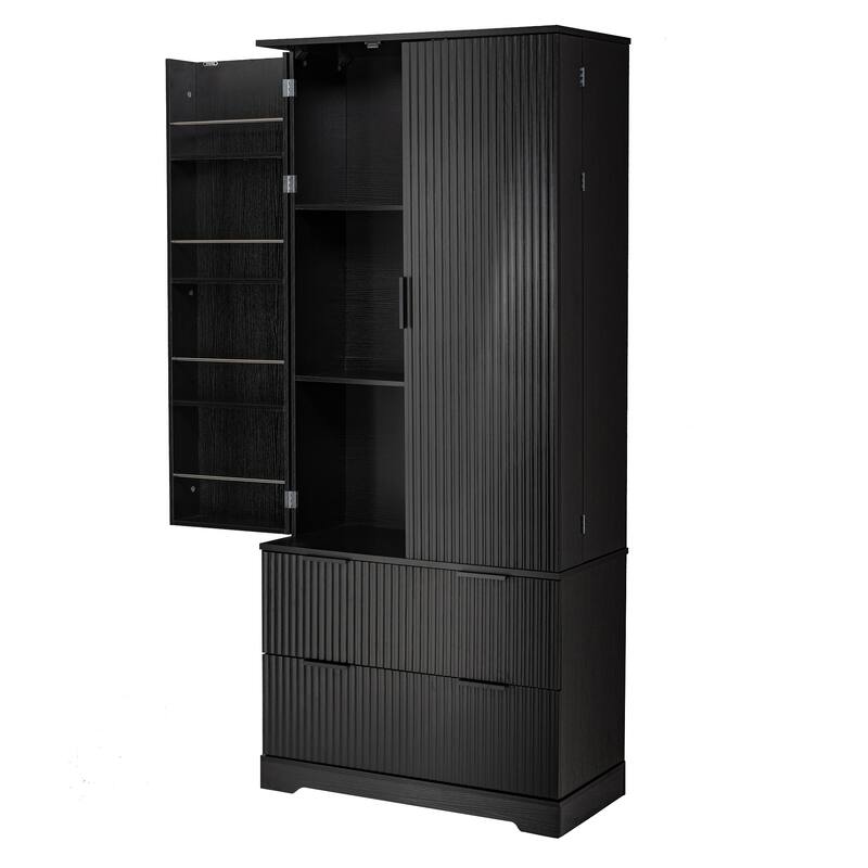 71.65" H Fluted Kitchen Pantry Cabinet, Freestanding Storage Cabinet Buffet Sideboard with 2 Large Drawers & 8-Door Spice Rack