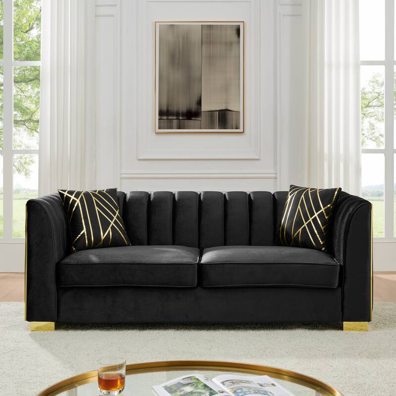 Velvet Chesterfield 3 Seater Sofa, Button Tufted Upholstered Sofa, Lounge Sofa with Stainless Steel Accents & Metal Legs - Black
