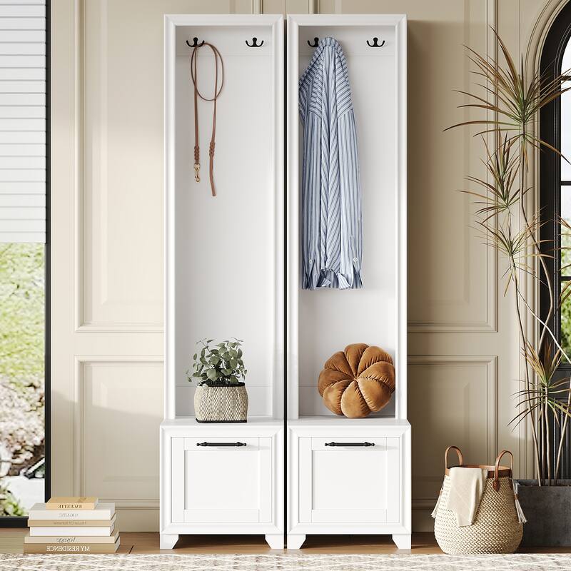 Elegant Free Standing Hall Tree Set of 2, Multifunctional 3-IN-1 Entryway Coat Rack with Black Retro Handles - White