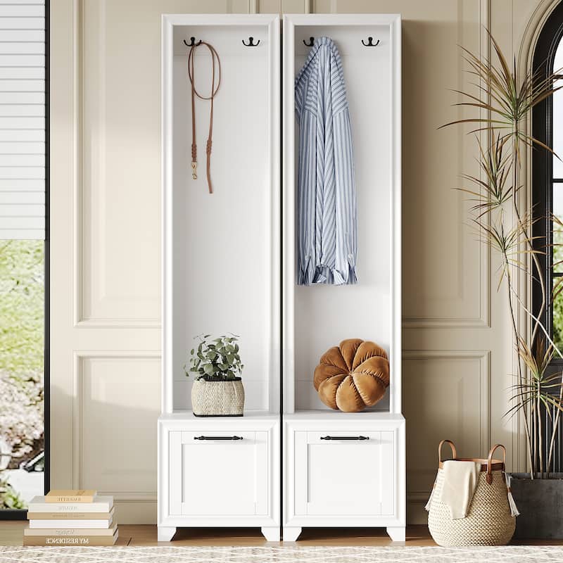 Freestanding Hall Tree with Storage Bench & Hooks, Set of 2 Entryway Coat Rack with Storage Drawers & Anti-Tip Kit - White