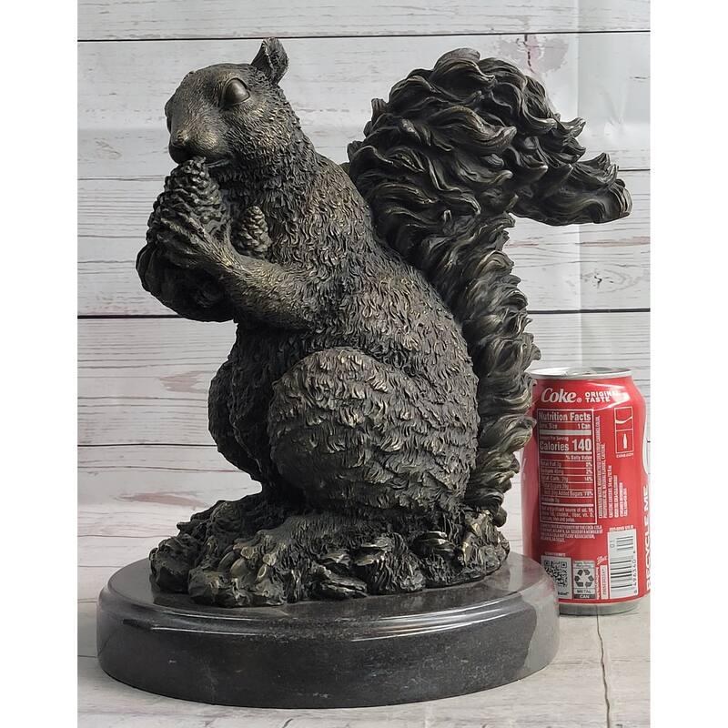 Squirrel Eating An Acorn Bronze Sculpture Statue Handmade Figure Original Art Marble Base