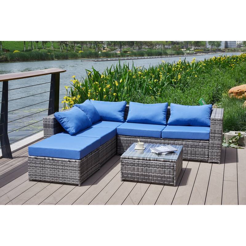6 Piece Outdoor Sectional L- Shaped Sofa Set, All-Weather PE Wicker Rattan Conversation Furniture Set with Coffee Table