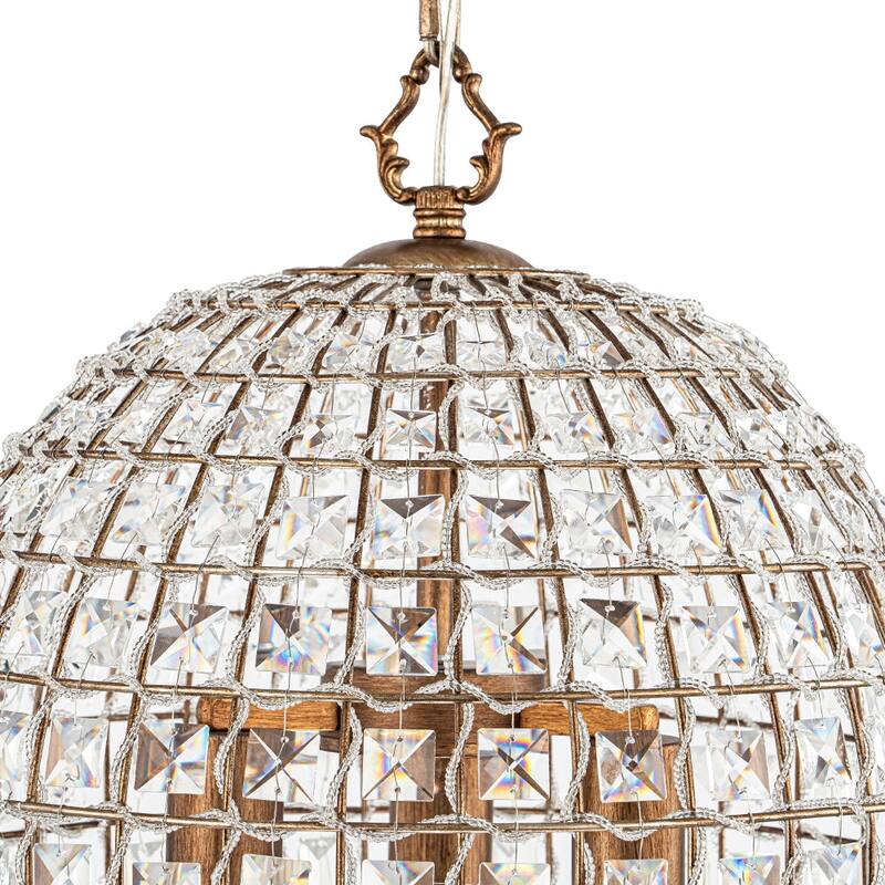 Vintage Glam Crystal Bird Cage Lantern Chandelier - Distressed Brass