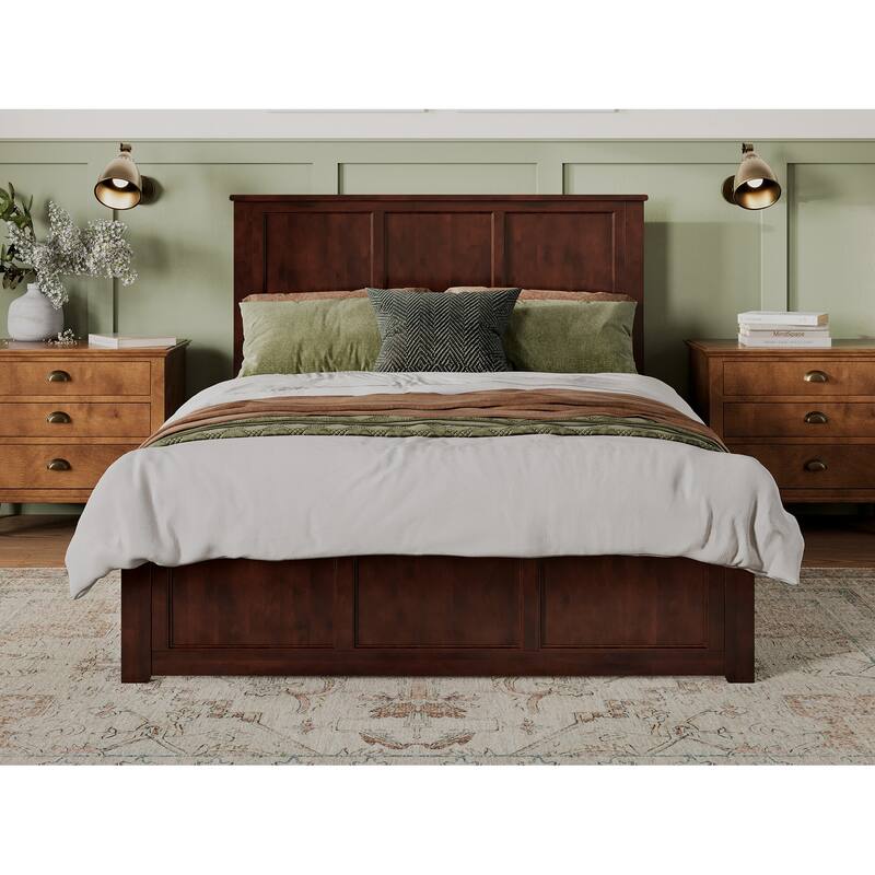 King Size Platform Bed with Footboard & Charger - Low Profile Wood Bed Frame - Walnut Finish