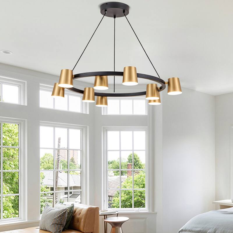 9-Light Wagon Wheel Chandelier Black and Gold Chandelier - N/A