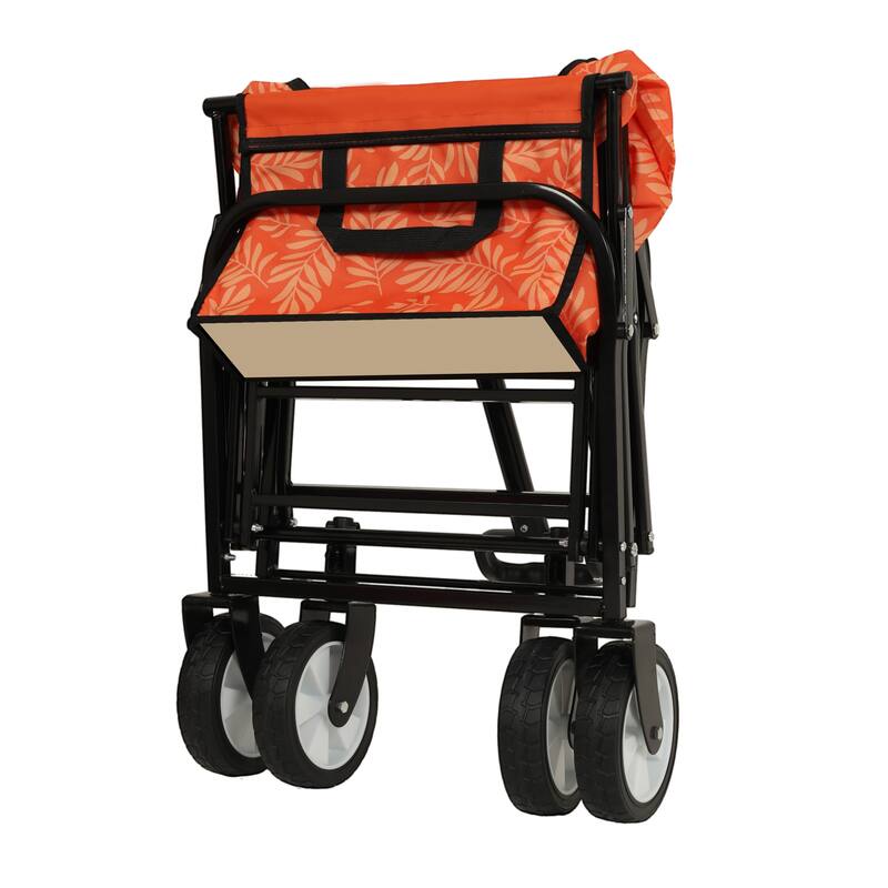 Patterned Collapsible Utility Wagon - Orange Leaf Design with Storage Straps, 225lb Capacity