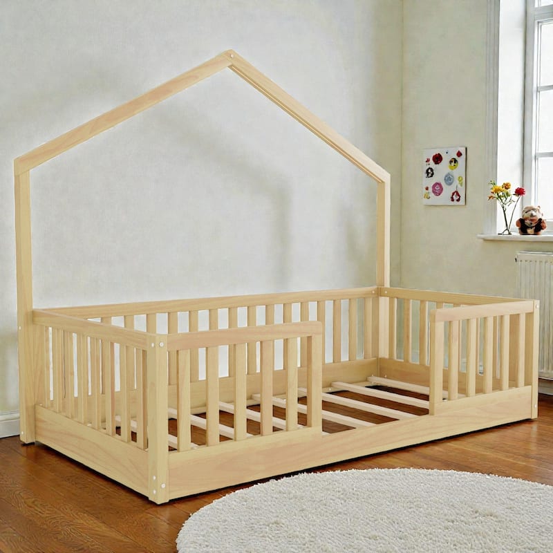 Wood Floor Bed with High Guardrails and LED Light, Montessori Style Low Profile Bed for Kids