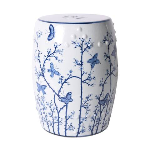 Blue and White Butterfly Plum Garden Stool - 13x13x17