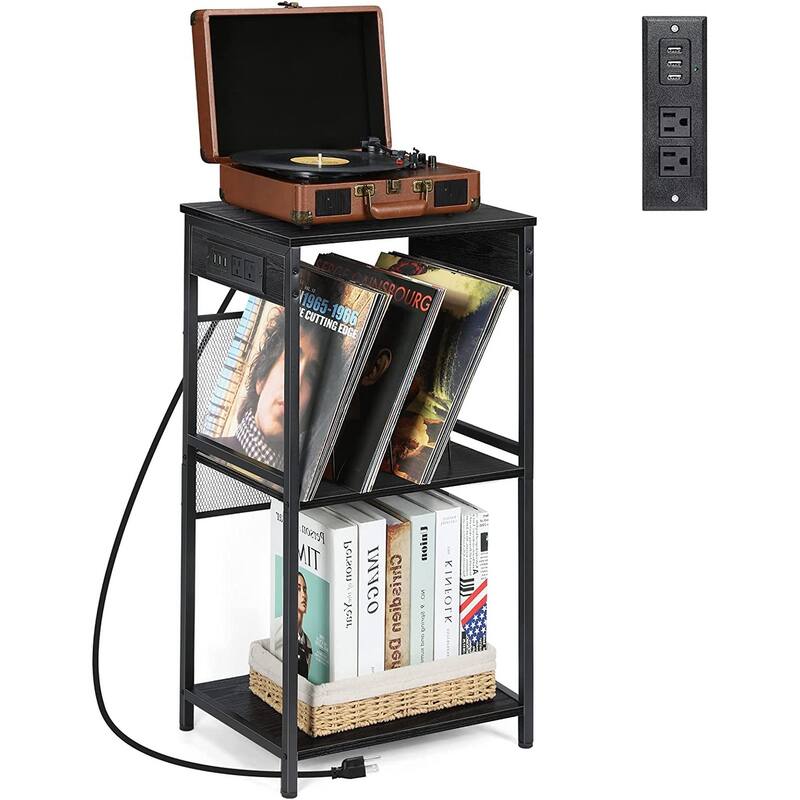 3-Tier Vinyl Record Player Stand with Charging Station - Black