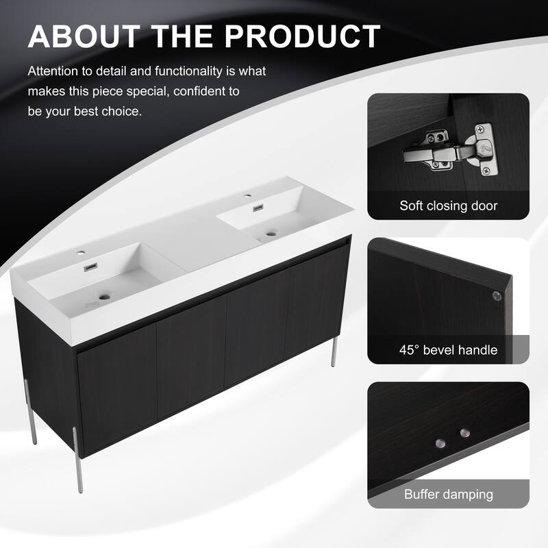 GDFStudio - Sydney Modern Freestanding Bathroom Vanity Cabinet with Double Resin Sink & 4-Soft Closing Doors - 60"