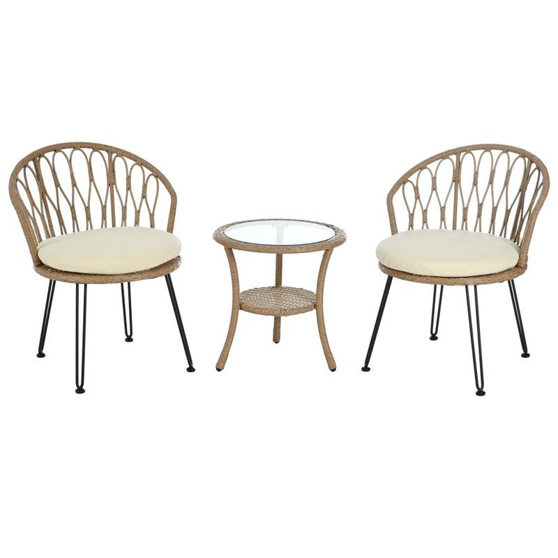 Modern Outdoor Rattan Single Chairs with A Glass Round Table(Set of 2)