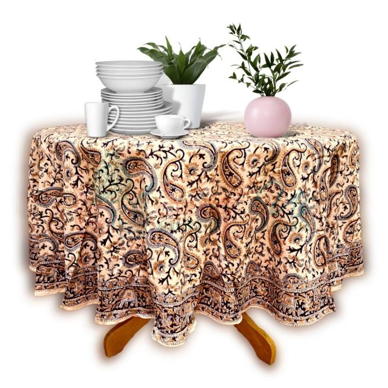 Block Print Tablecloth Round, Floral Paisley Elephants, Beige - Paisley Elephant, Black Gold Grey - 72 in. Round - Paisley Elephant, Black Gold Grey