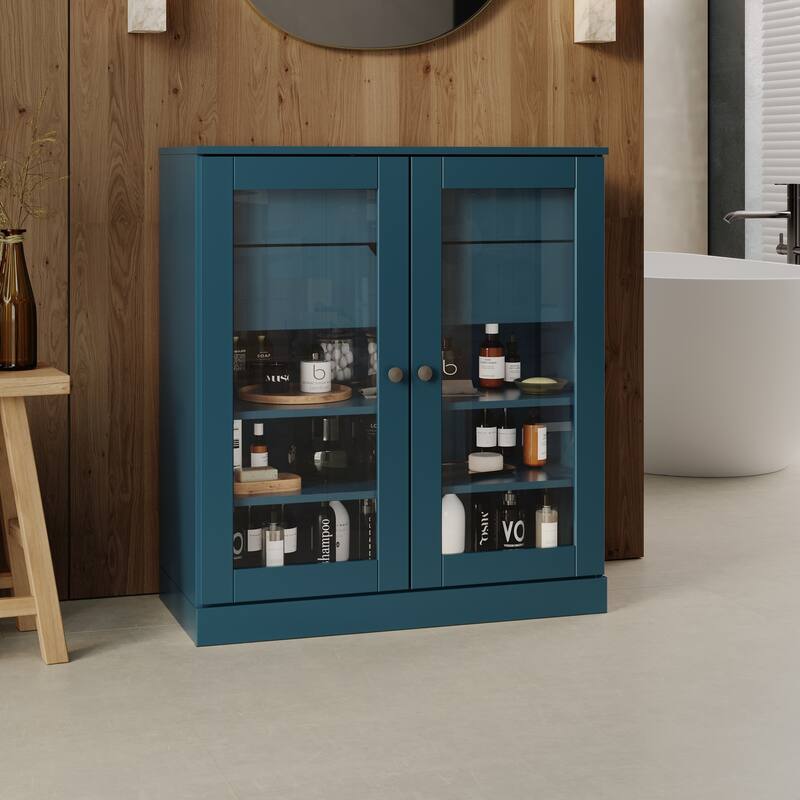 Palace Imports 100% Solid Wood 32" Bathroom Cabinet with Clear Glass Doors, 2-Drawers and Adjustable Shelves - Teal Blue
